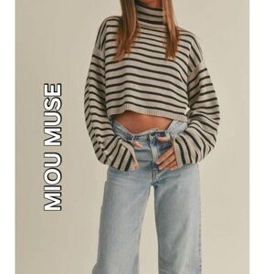 MIOU MUSE Striped Cropped Boxy Turtle Neck Knit  Sweater - Wool Blend